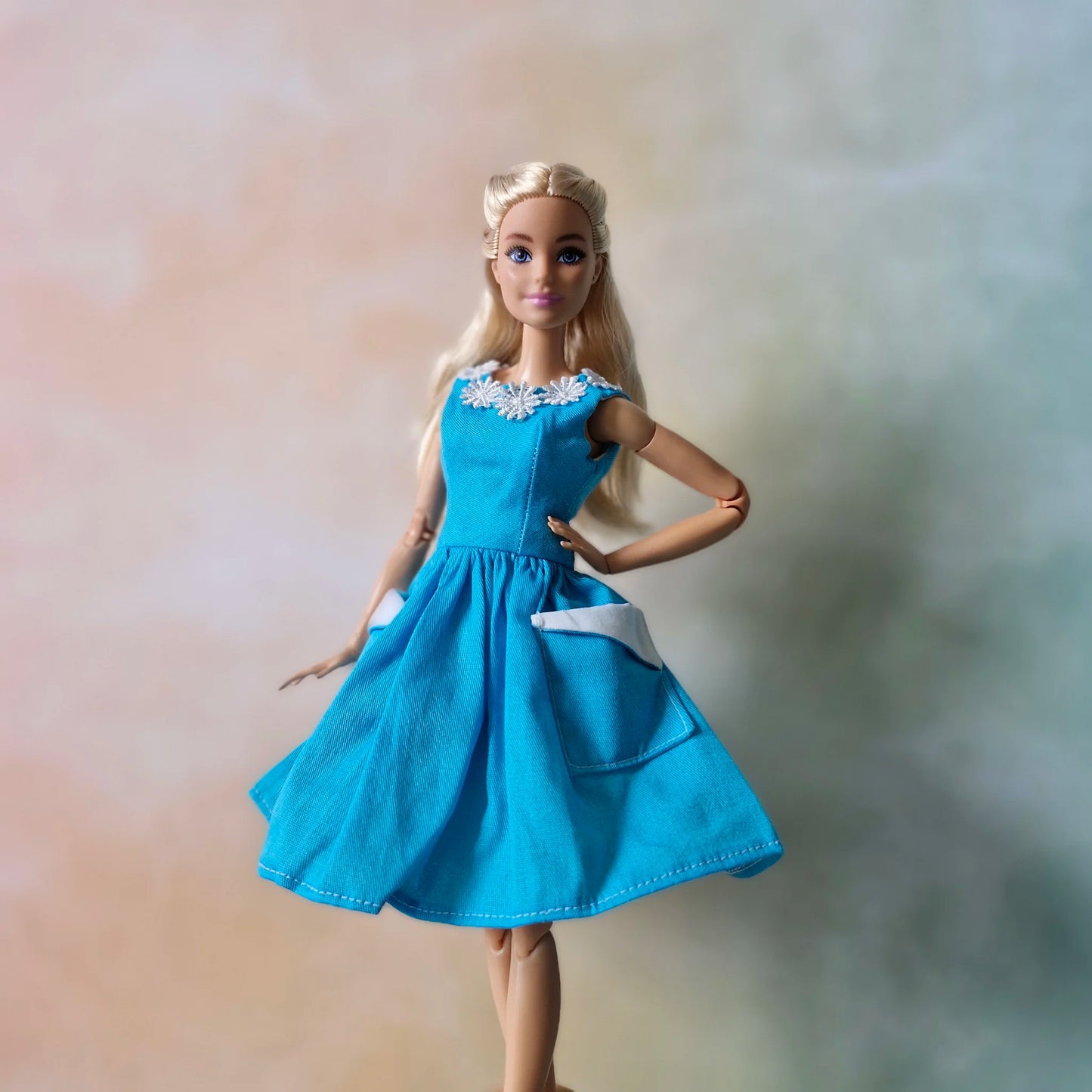 Blue Barbie Doll Dress with Pockets & Lace Neckline