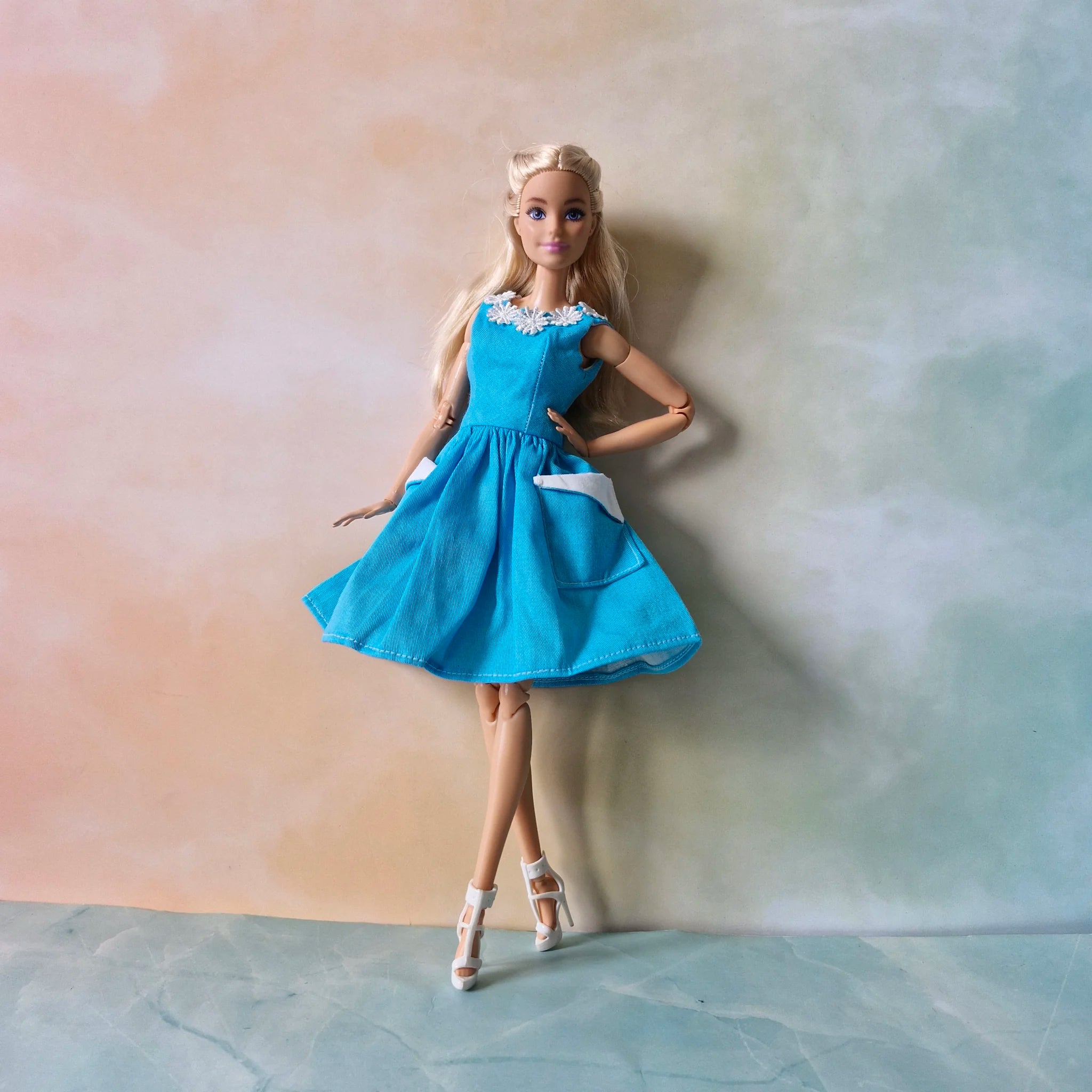 Blue Barbie Doll Dress with Pockets & Lace Neckline – Huonghandmadedoll