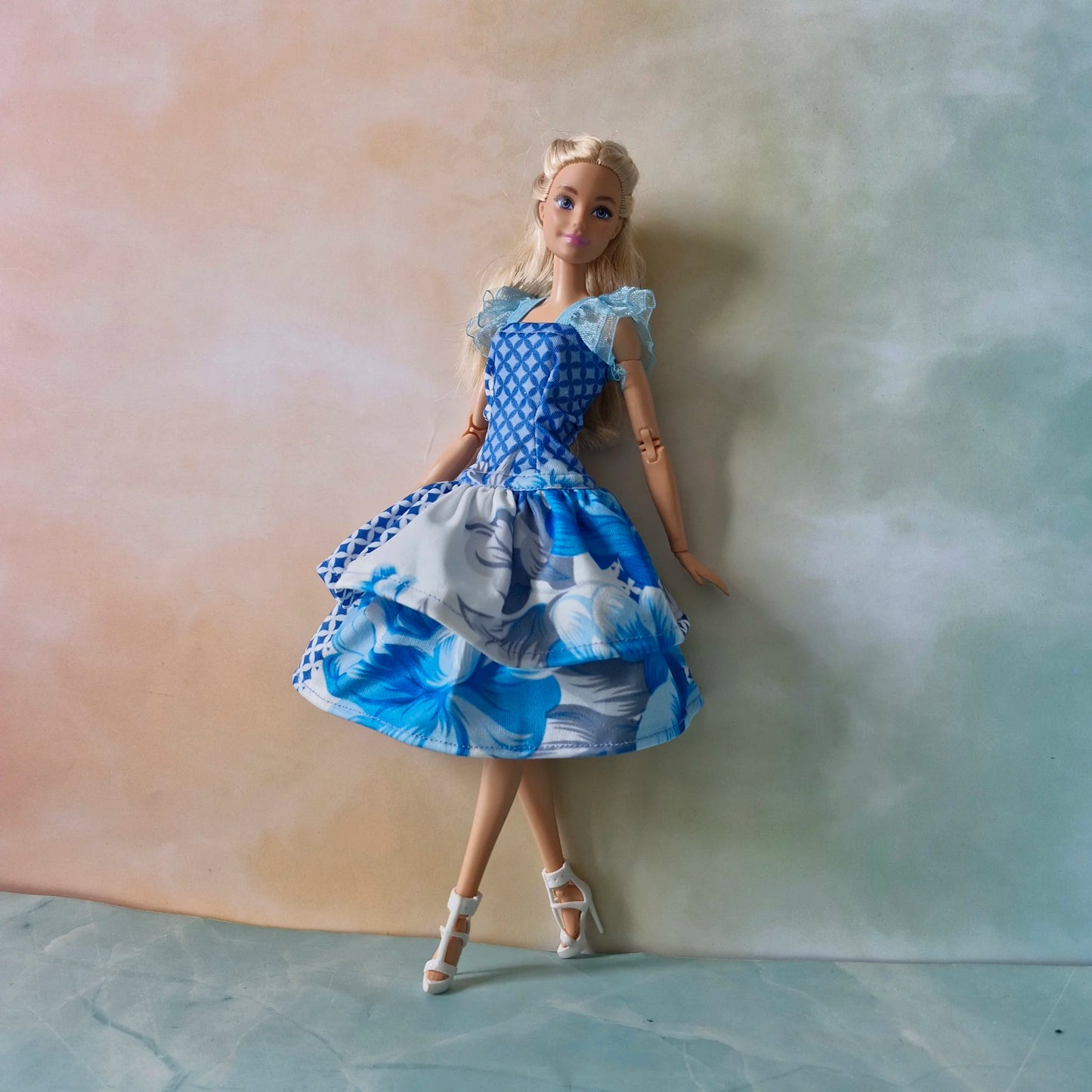 Barbie Doll Mixed Print Layered Dress - Blue Geometric & Floral