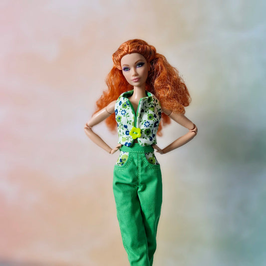 Handmade Reversible Top & Green Pants Set for 11.5 Inch Fashion Dolls