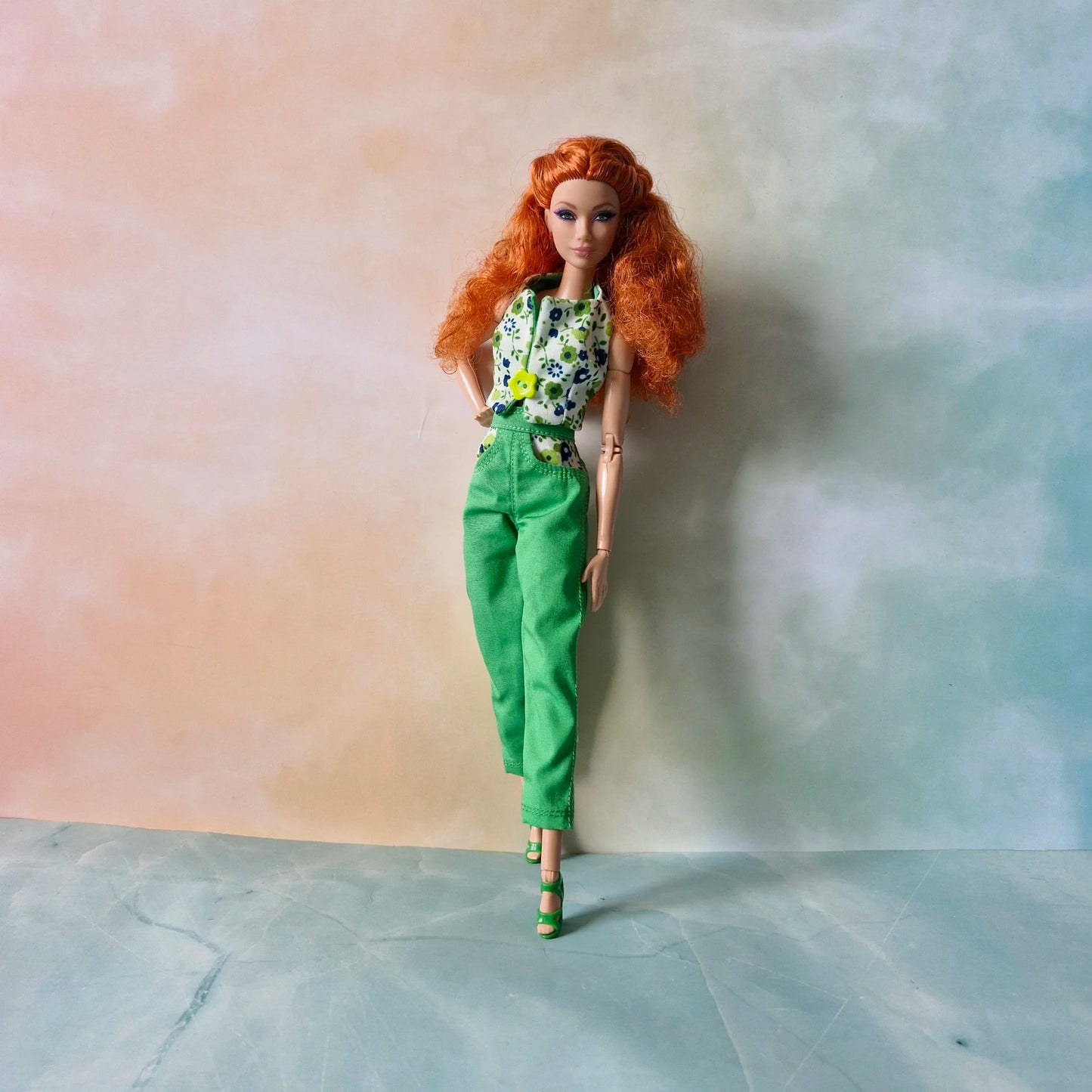 Handmade Reversible Top & Green Pants Set for 11.5 Inch Fashion Dolls
