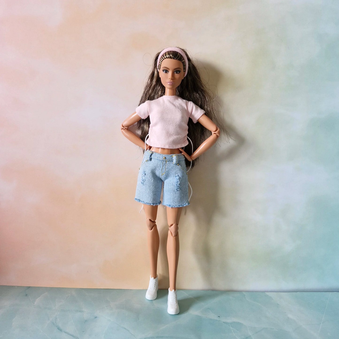 Distressed Denim Shorts & Two Tops (Pink + Grey ) for Barbie