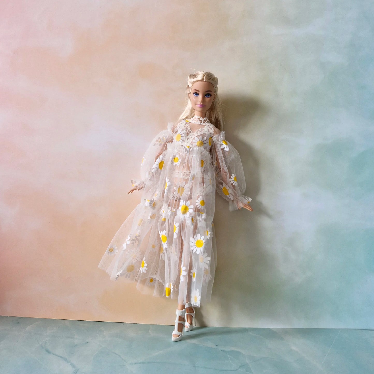 Full length view of Barbie doll in sheer daisy robe and bikini set with white shoes