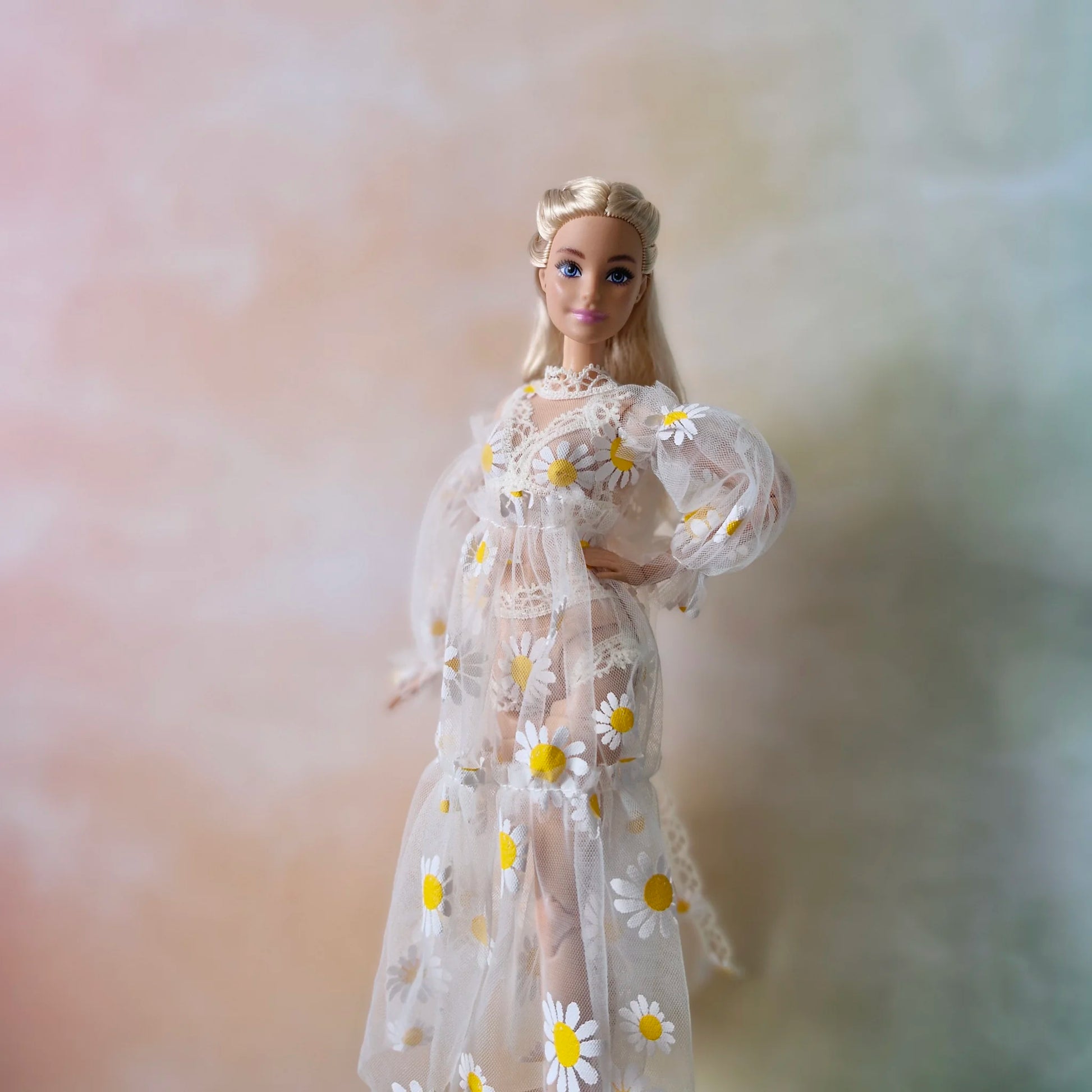 Barbie doll models bohemian sheer daisy print robe outfit with lace detail