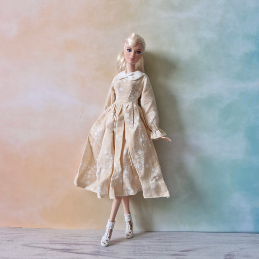 Barbie Vintage-Inspired Beige Floral Print Dress with Peter Pan Collar