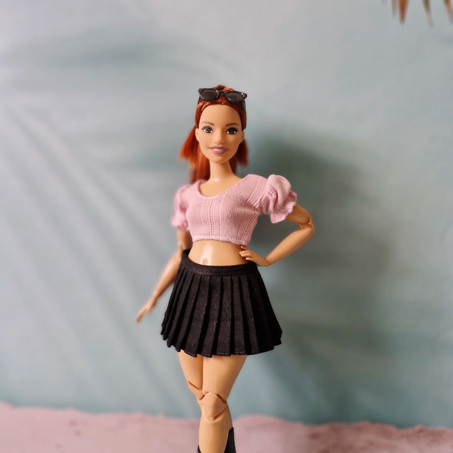 Pink Puff Sleeve Crop Top & Black Pleated Skirt for Curvy Barbie