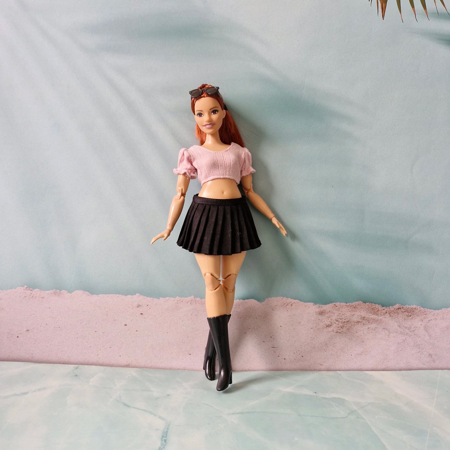 Pink Puff Sleeve Crop Top & Black Pleated Skirt for Curvy Barbie