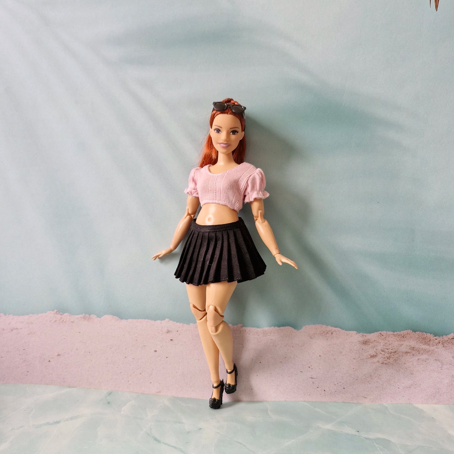 Pink Puff Sleeve Crop Top & Black Pleated Skirt for Curvy Barbie
