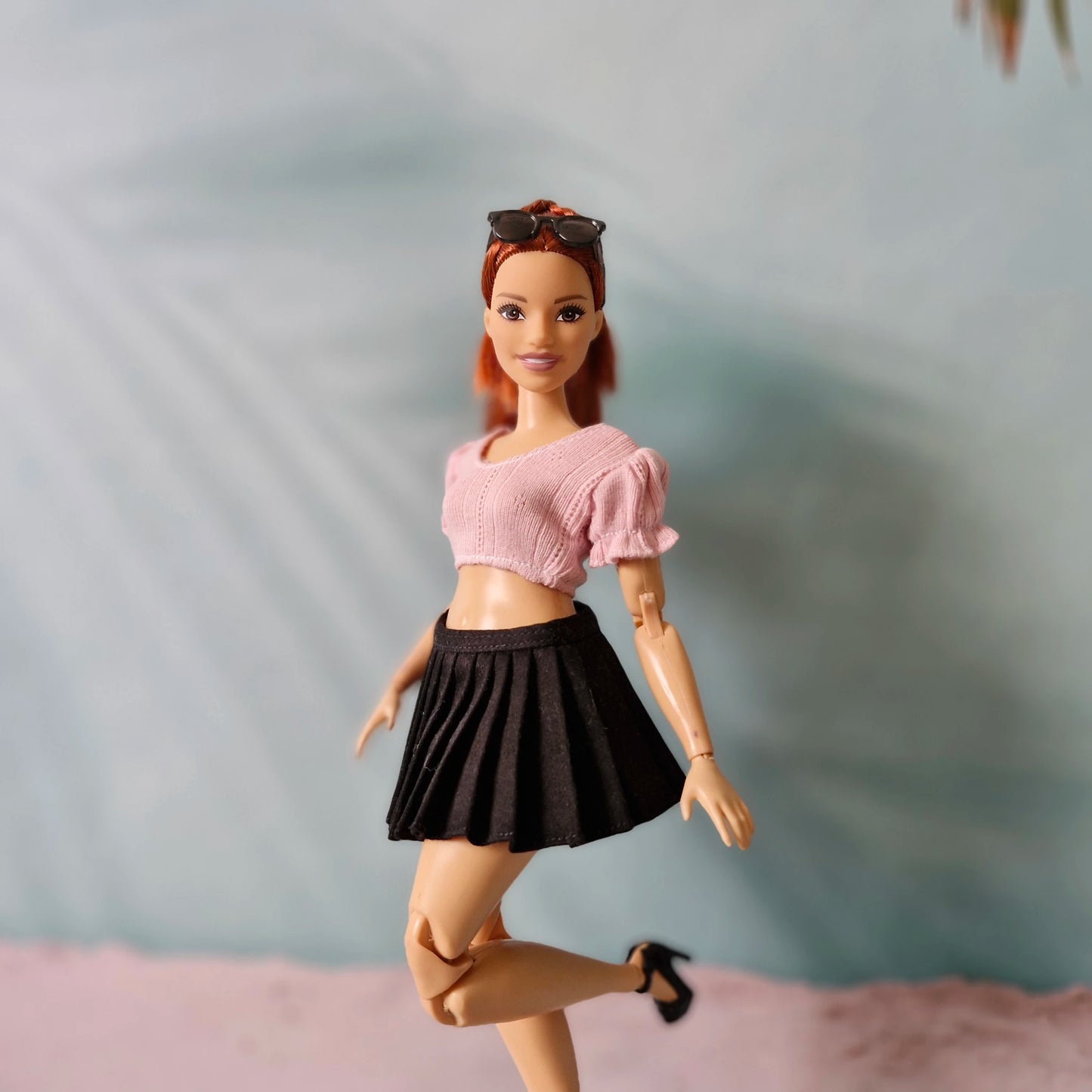 Pink Puff Sleeve Crop Top & Black Pleated Skirt for Curvy Barbie