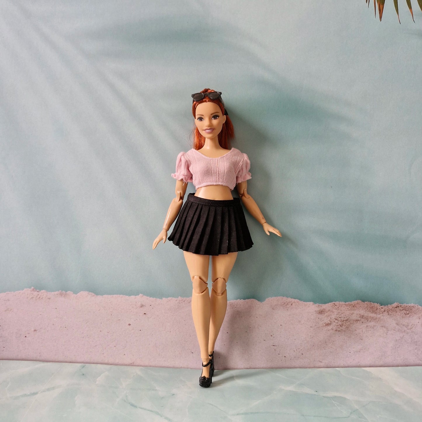Pink Puff Sleeve Crop Top & Black Pleated Skirt for Curvy Barbie