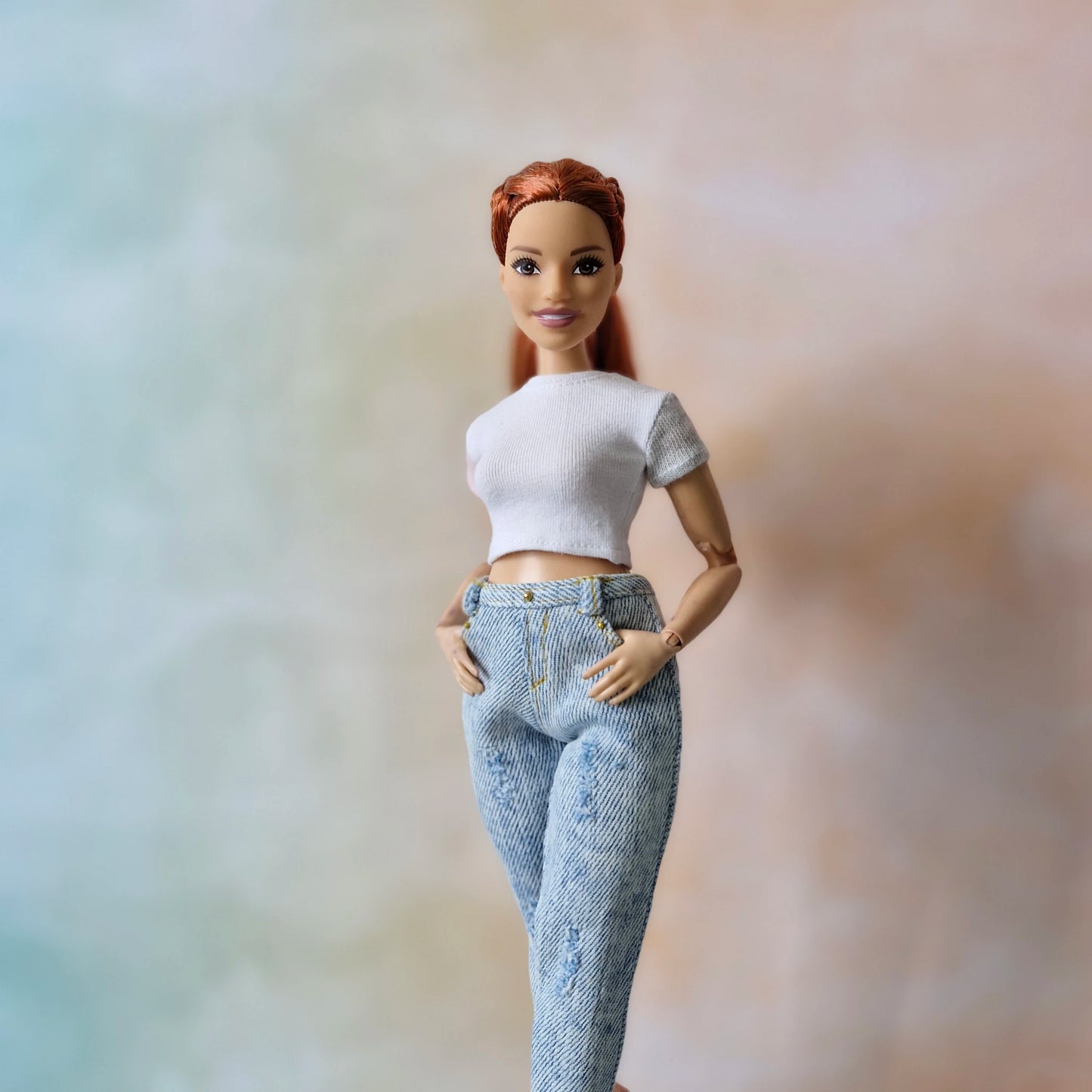 Casual black long sleeve top and stylish blue jeans for Curvy Barbie