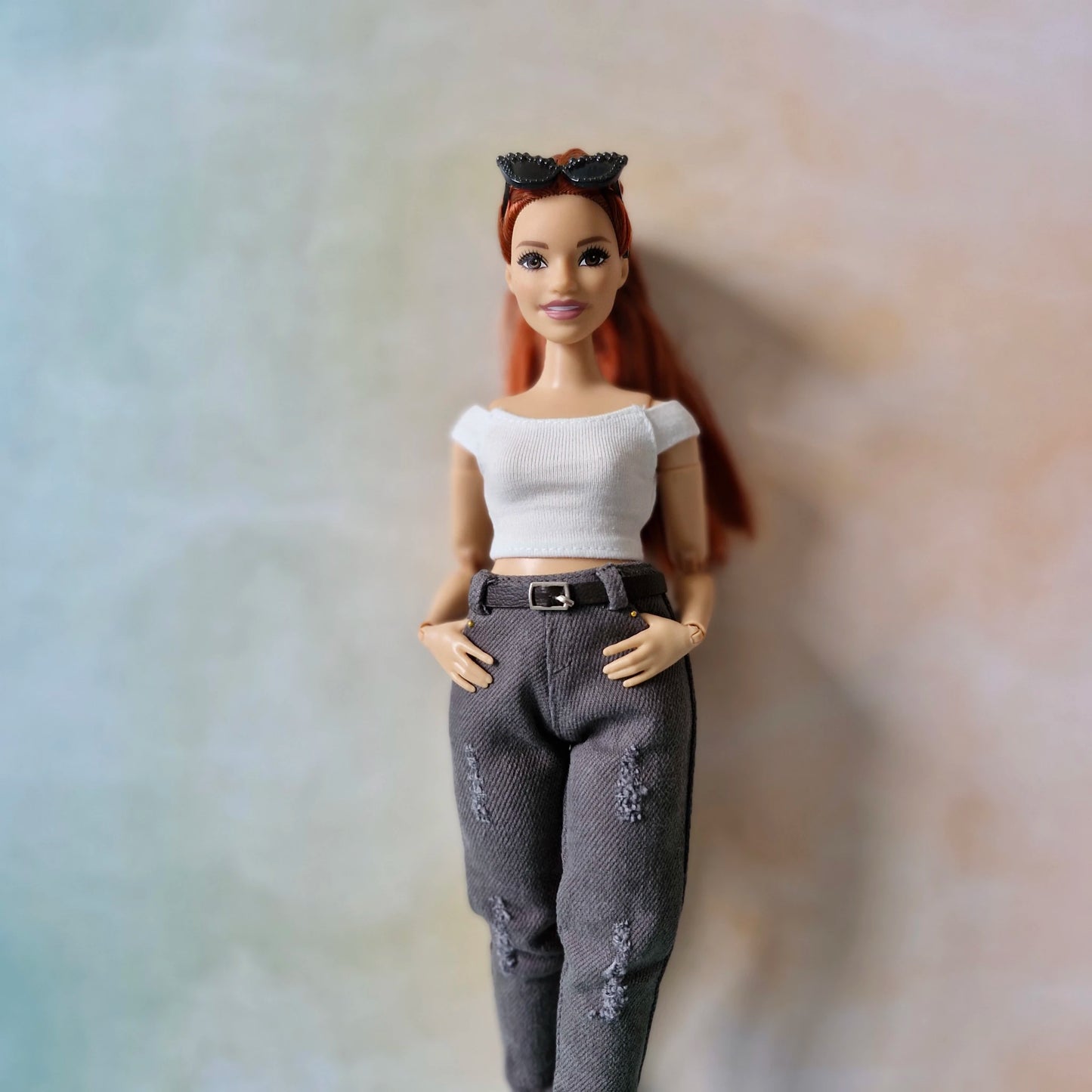 Distressed Grey Jeans & White Crop Top Set Curvy Barbie doll