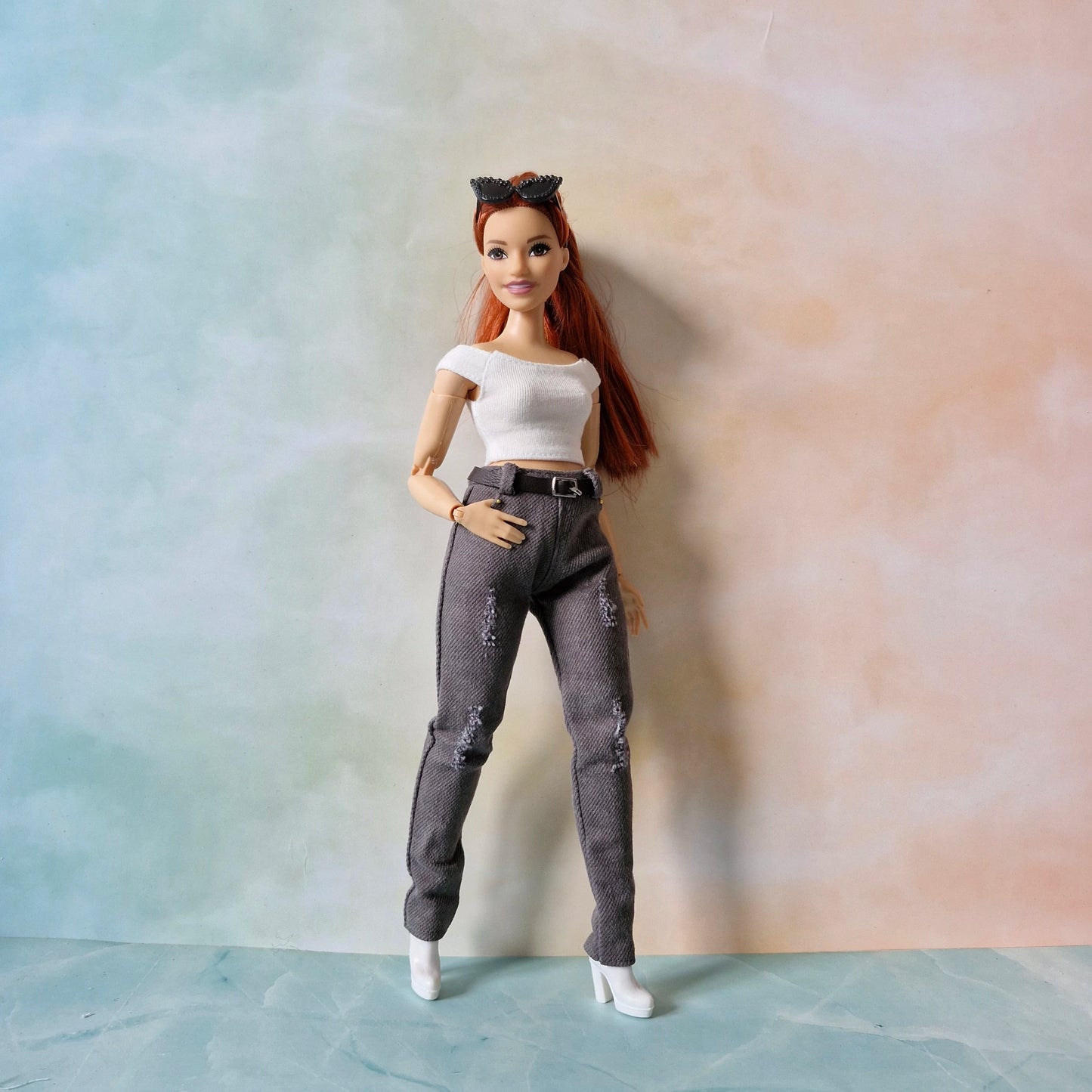 Distressed Grey Jeans & White Crop Top Set Curvy Barbie doll