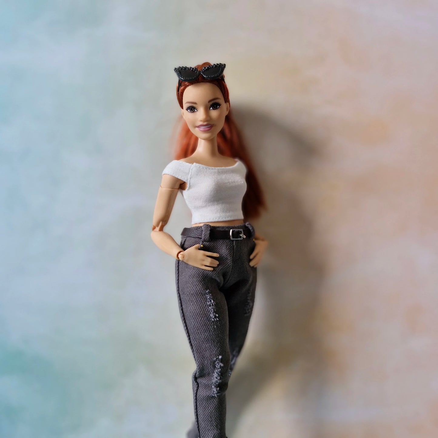 Distressed Grey Jeans & White Crop Top Set Curvy Barbie doll
