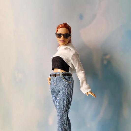 Barbie Curvy Hoodie Set – White Crop Hoodie, Black Tube Top & Jeans