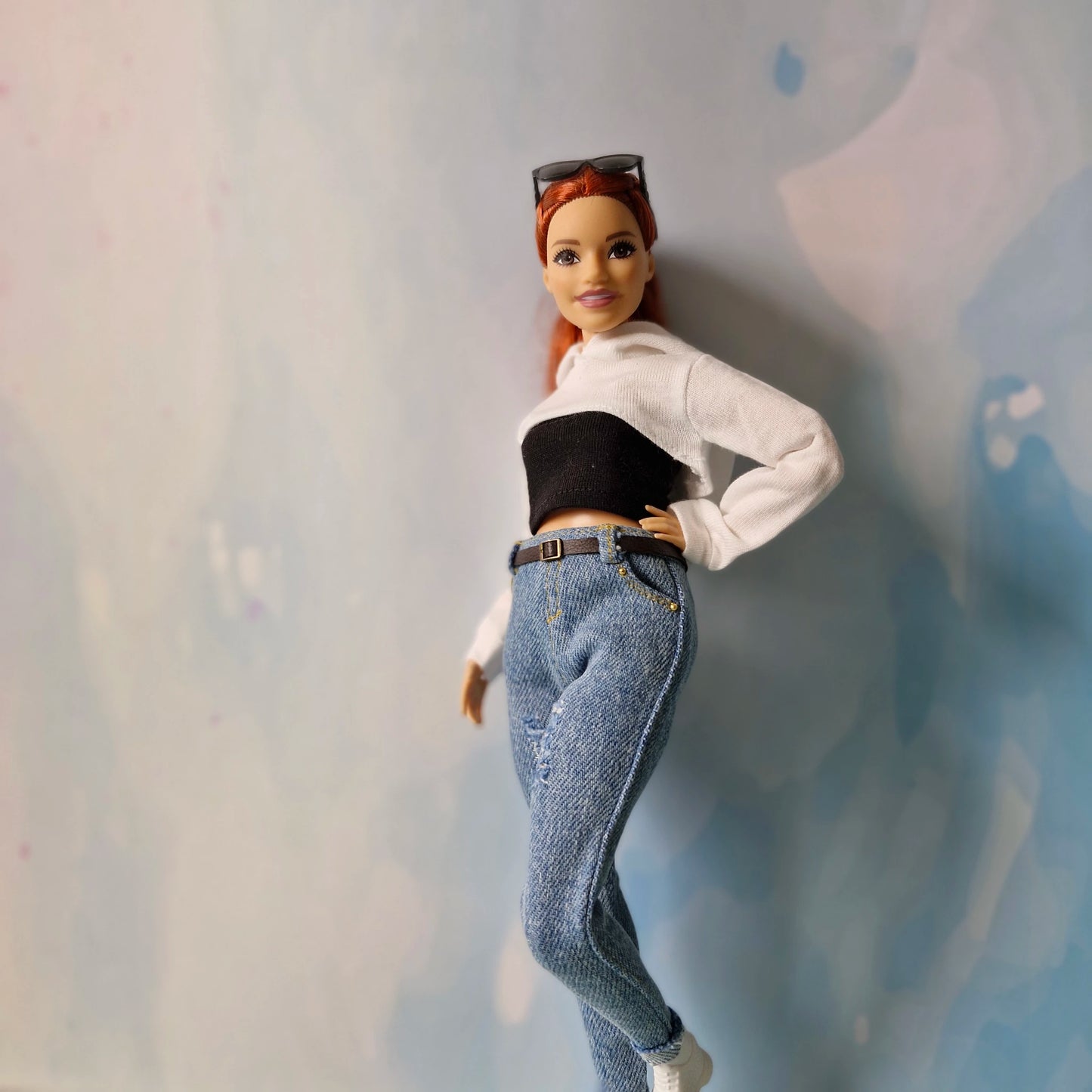 Barbie Curvy Hoodie Set – White Crop Hoodie, Black Tube Top & Jeans