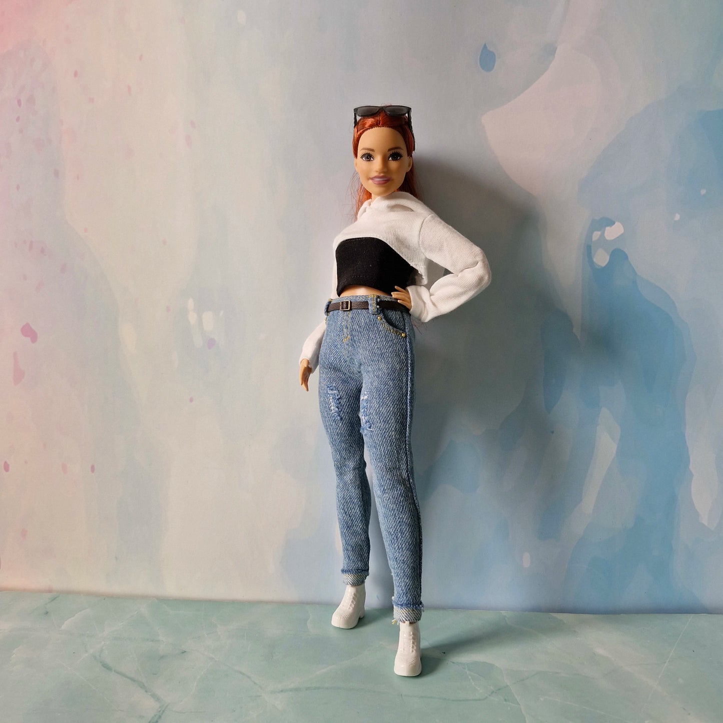 Barbie Curvy Hoodie Set – White Crop Hoodie, Black Tube Top & Jeans