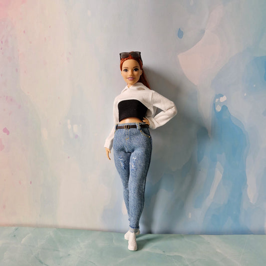 Barbie Curvy Hoodie Set – White Crop Hoodie, Black Tube Top & Jeans