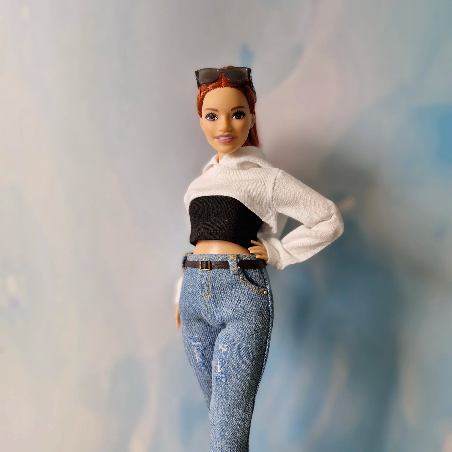 Barbie Curvy Hoodie Set – White Crop Hoodie, Black Tube Top & Jeans