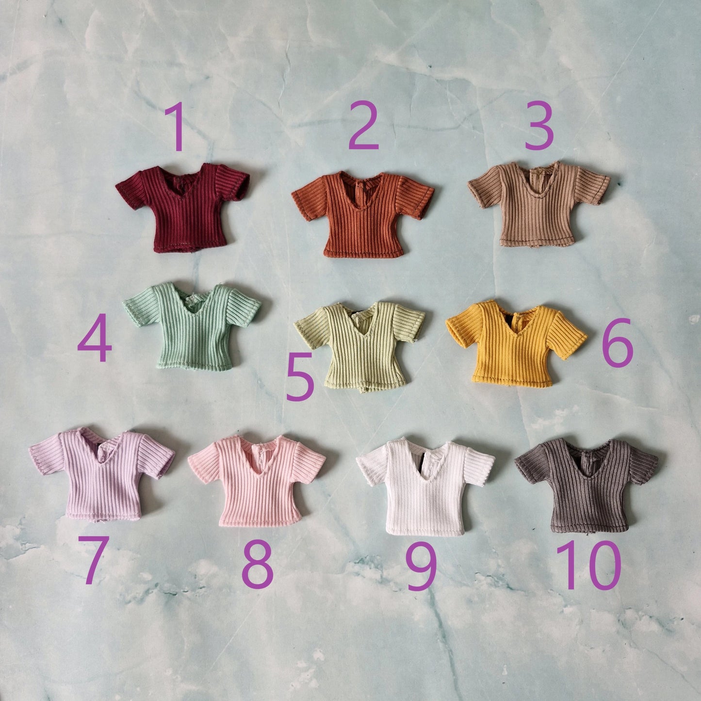 10 color options for doll ribbed crop tops numbered 1 to 10 including pastel and dark shades