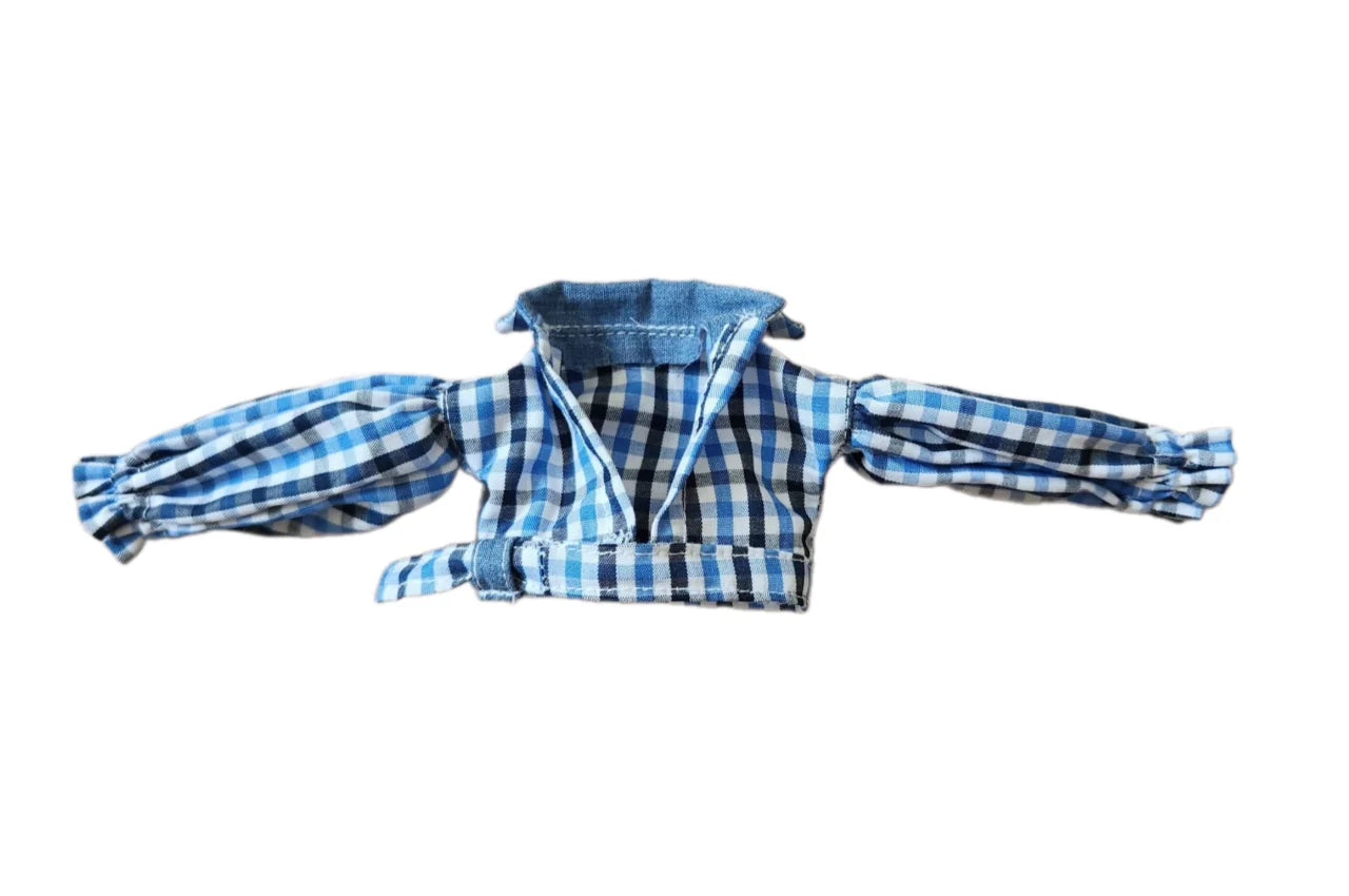 Blue and white gingham check collared crop top for Barbie doll.