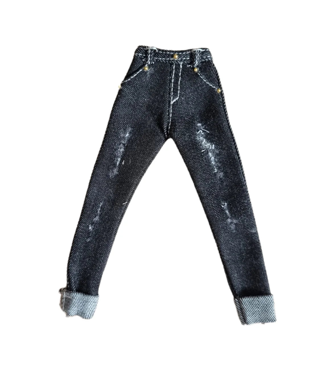 Black distressed skinny jeans with rolled cuffs for Barbie doll.