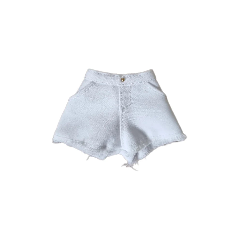 White fashion doll shorts with frayed hem.