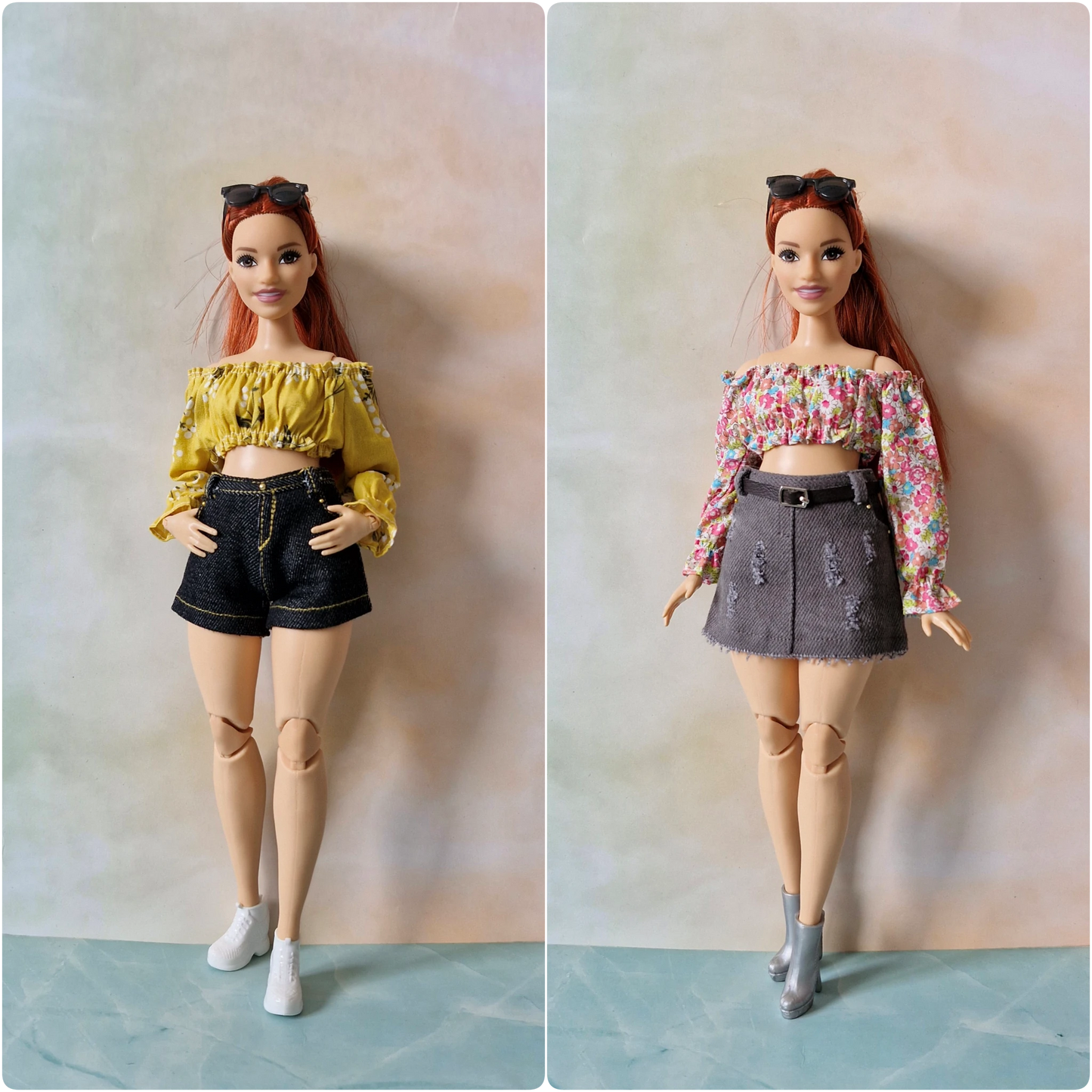 Two dolls wearing different outfits on a plain background