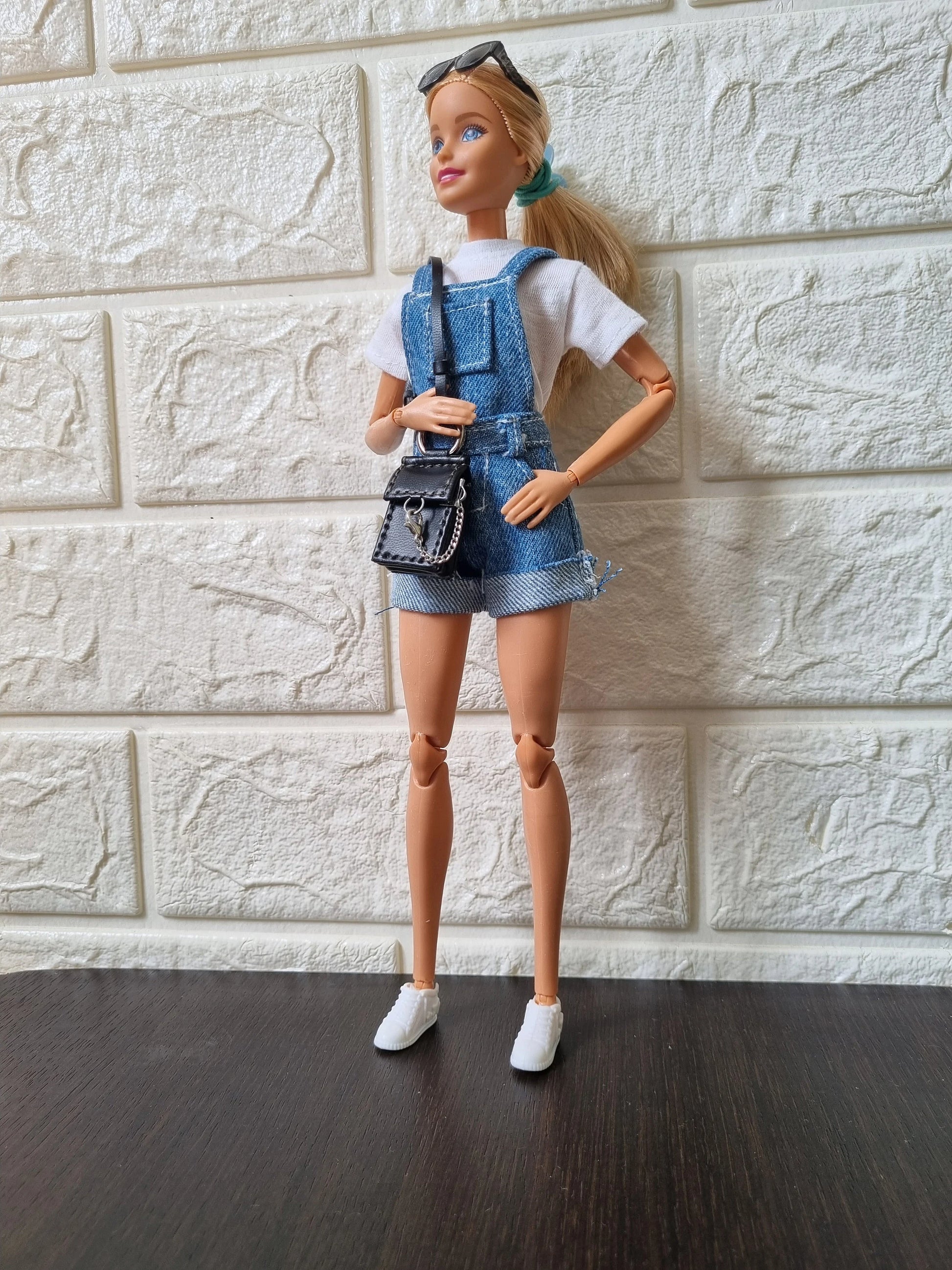 Doll denim overalls short for 11.5 inch dolls clothes.