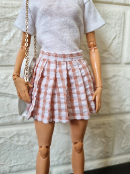 White T-Shirt and Pink Plaid Pleated Skirt Set for Barbie