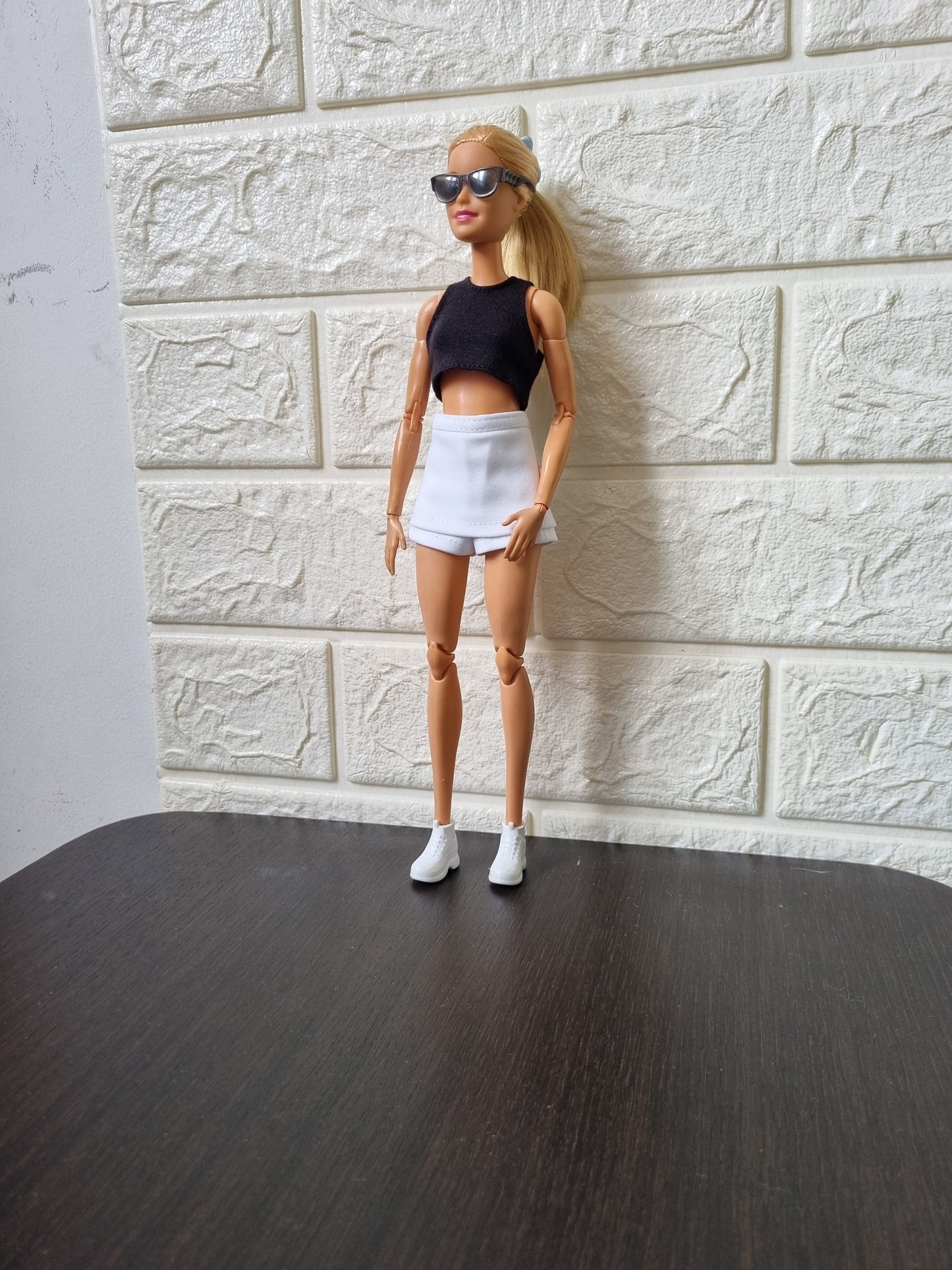 White , black croptop and white Skirt , Short for Barbie