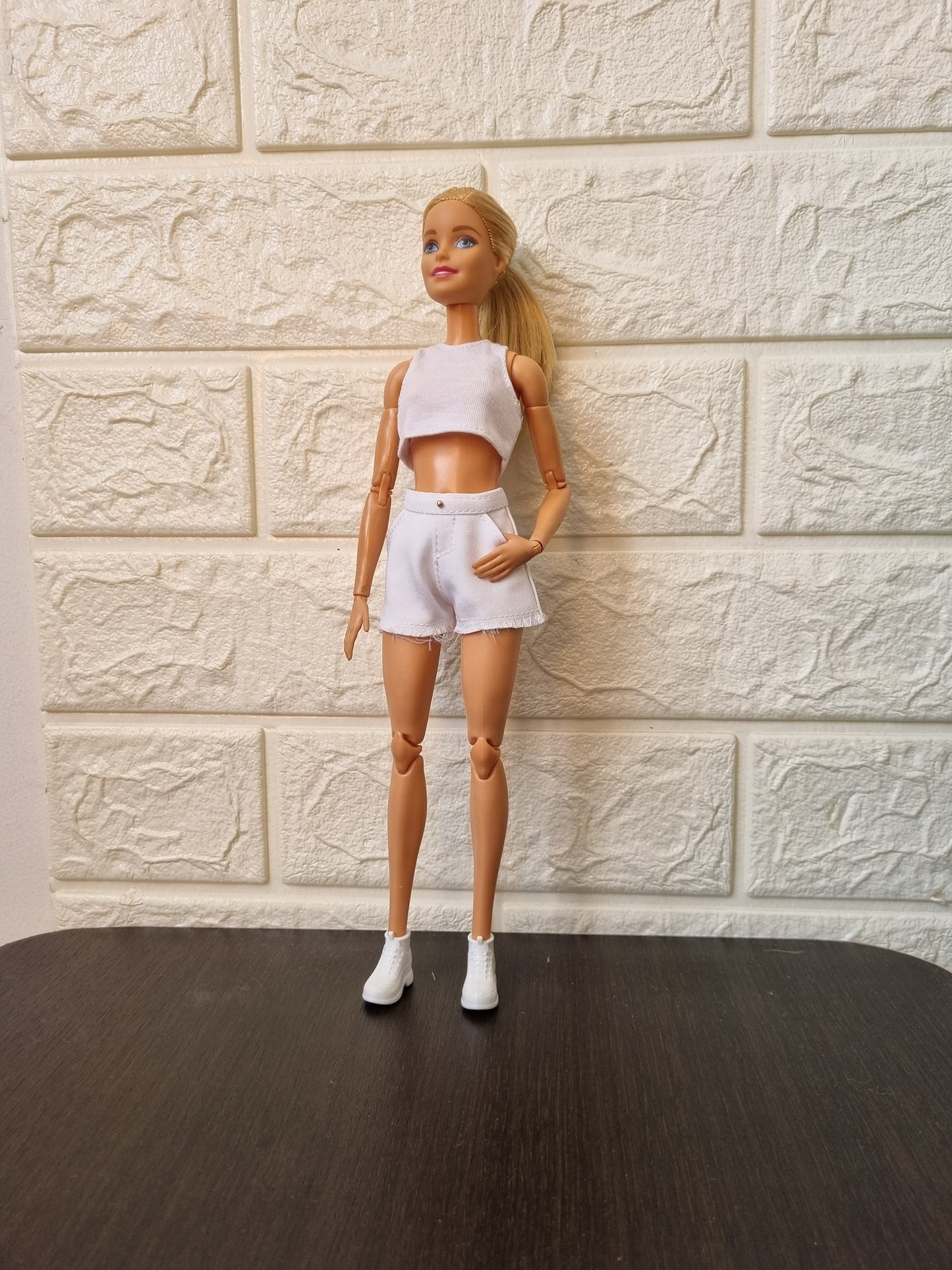 White , black croptop and white Skirt , Short for Barbie