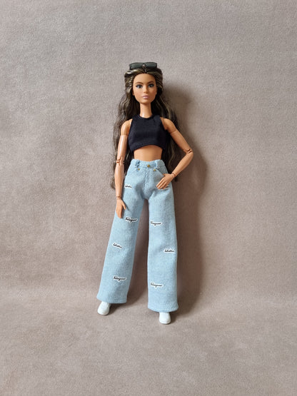 White , black croptop and Jean for Barbie