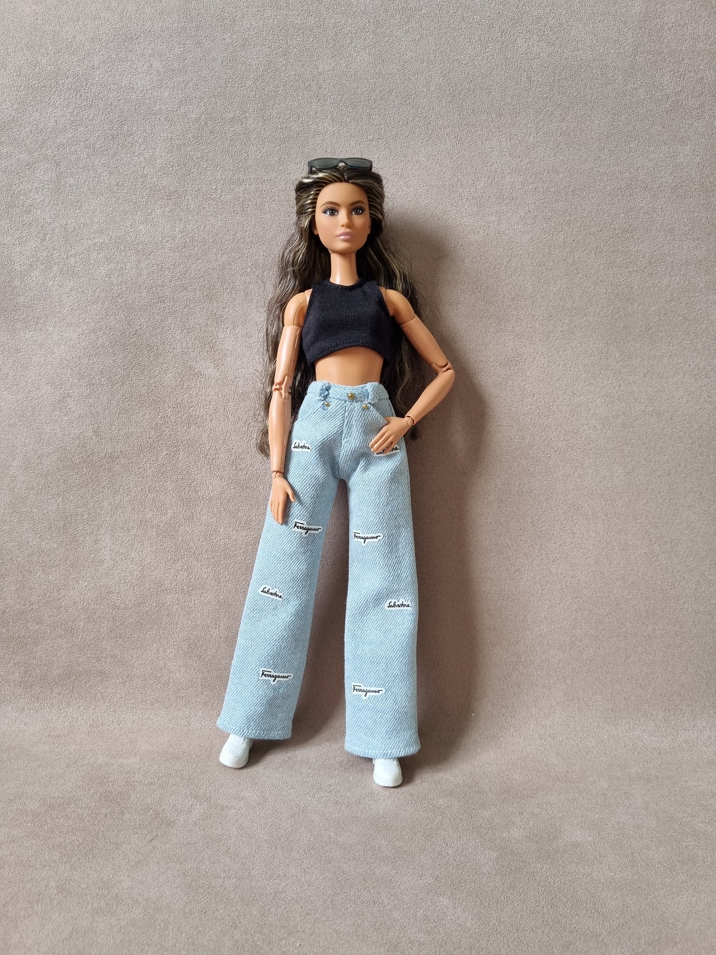 White , black croptop and Jean for Barbie