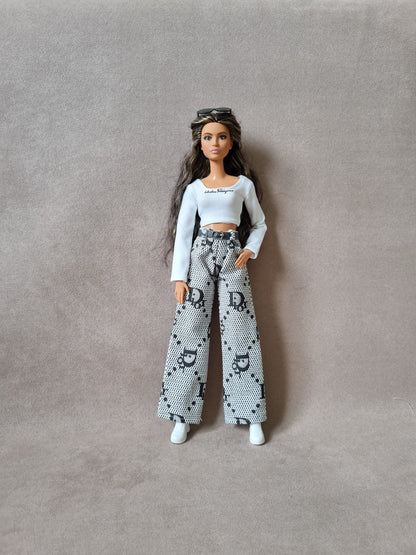 White , black top and Pants for Barbie