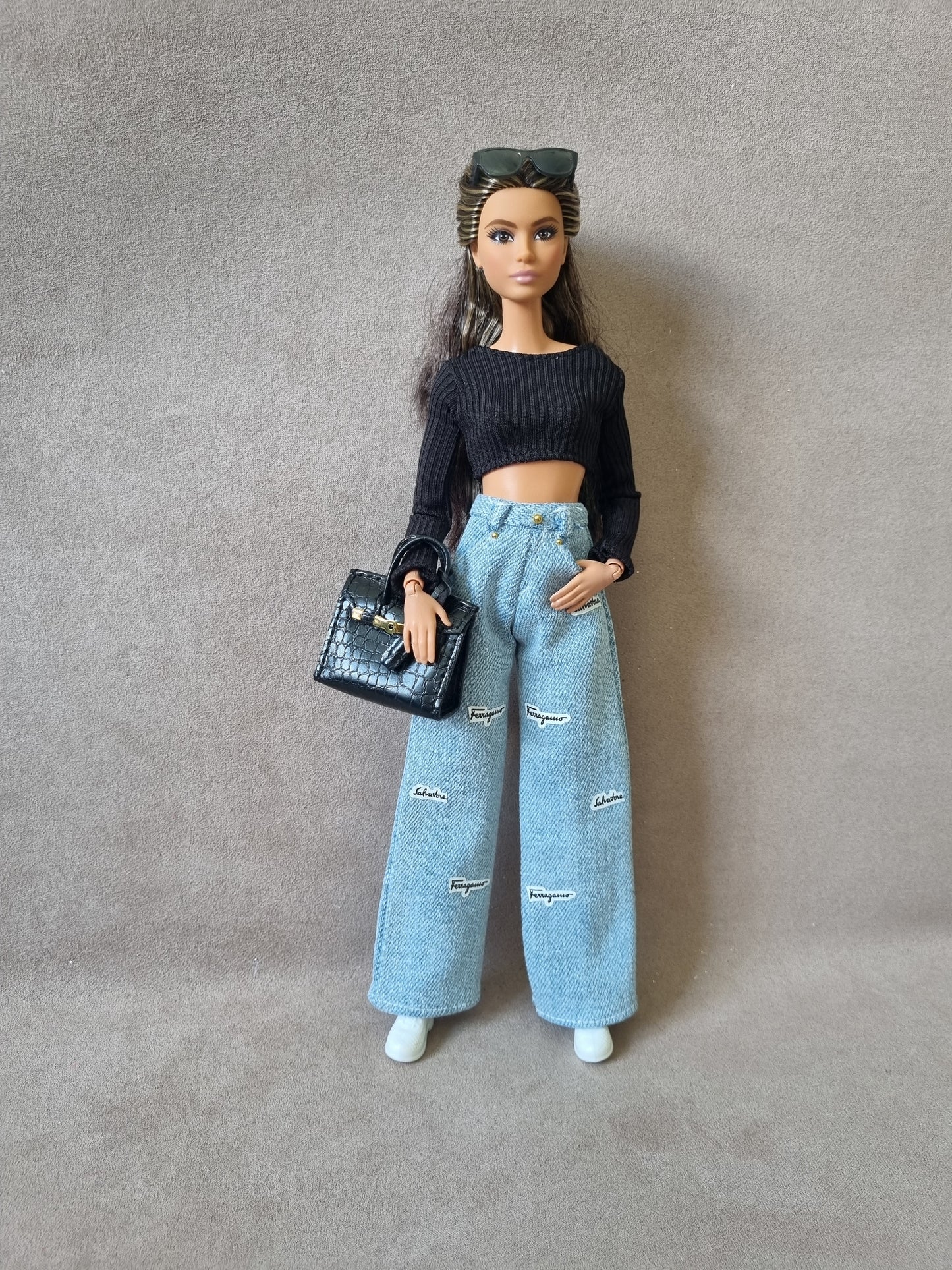 White , black croptop and Jean for Barbie