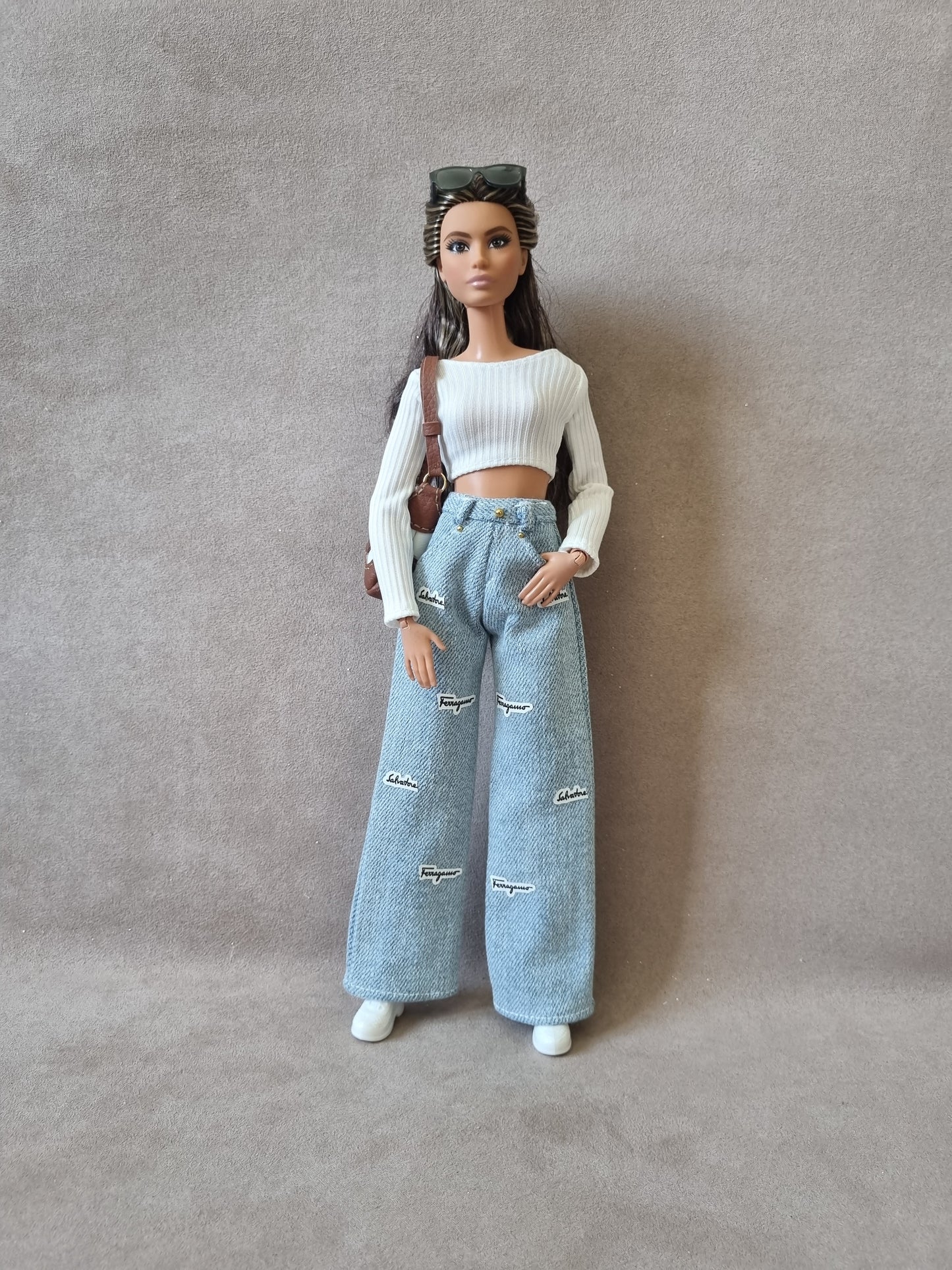 White , black croptop and Jean for Barbie