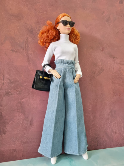 White Ribbed Top & Light Denim Cargo Pants for Barbie