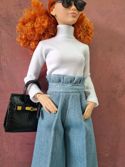 White Ribbed Top & Light Denim Cargo Pants for Barbie