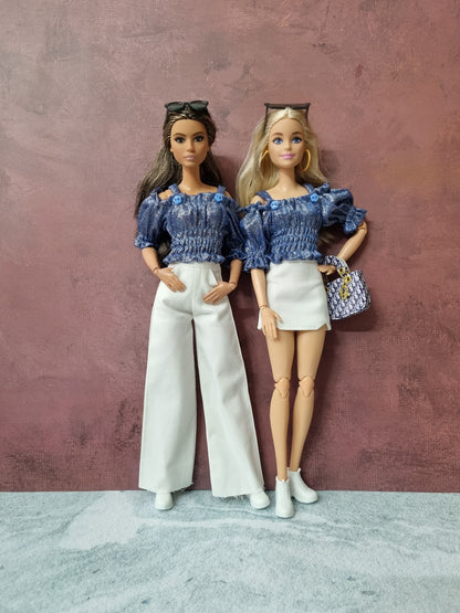 Clothes for barbie ( Shirt + White Mini skirt + White Pants )