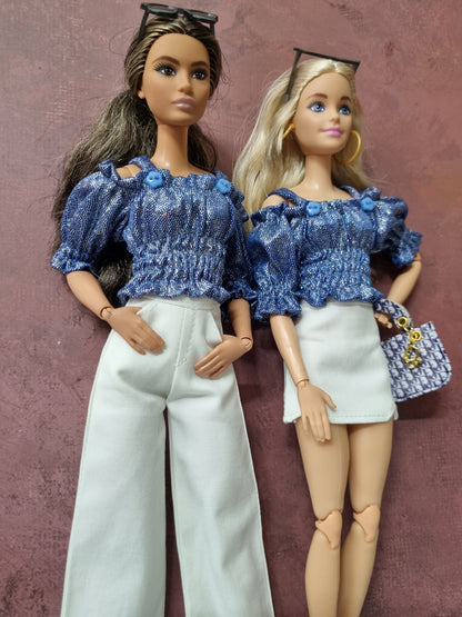 Clothes for barbie ( Shirt + White Mini skirt + White Pants )