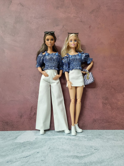 Clothes for barbie ( Shirt + White Mini skirt + White Pants )