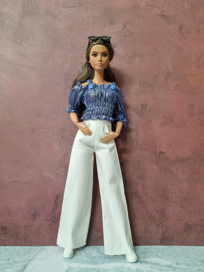 Clothes for barbie ( Shirt + White Mini skirt + White Pants )