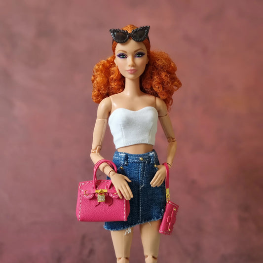 white croptop and jean skirt for barbie