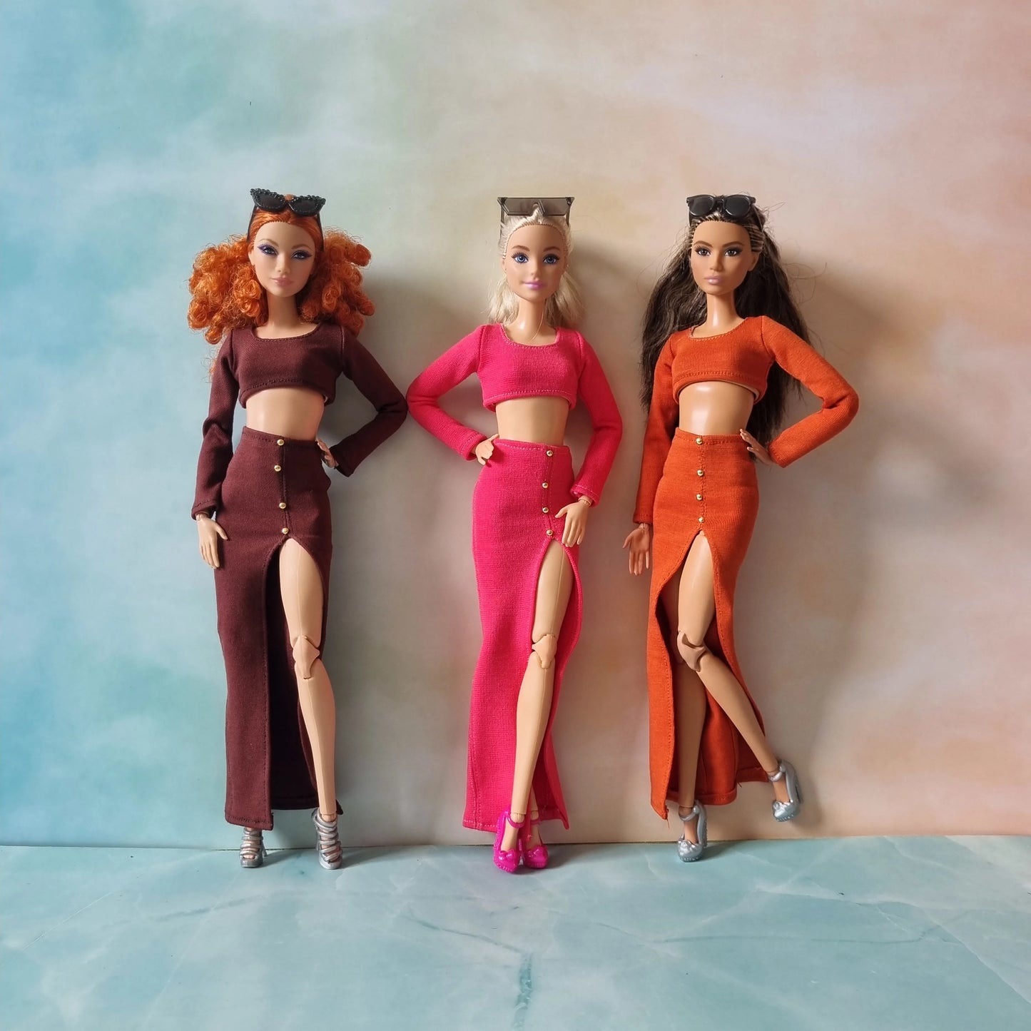 three barbie wear crop top and skirt set