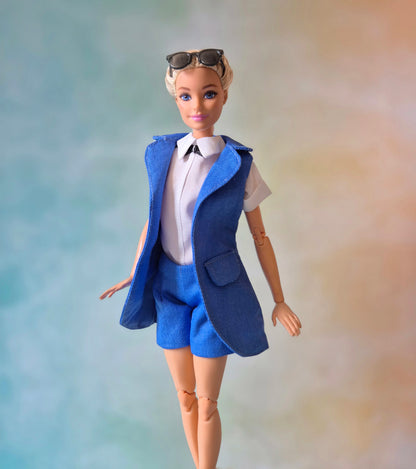 Blue sleeveless blazer, blue bra and short sets for Barbie doll.