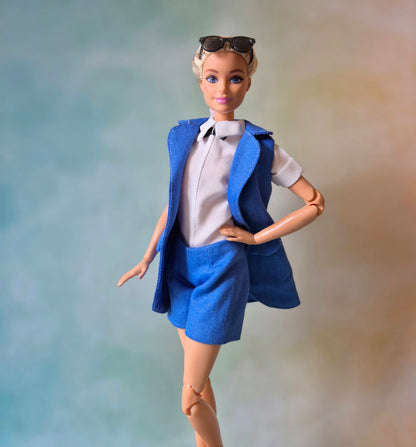 Blue sleeveless blazer, blue bra and short sets for Barbie doll.