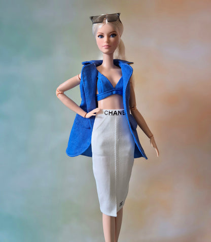 Blue sleeveless blazer, blue bra and short sets for Barbie doll.