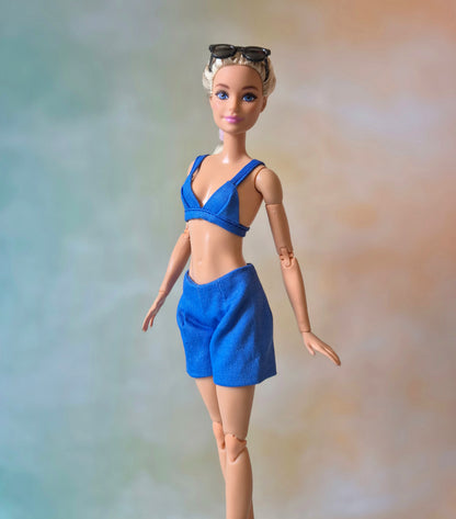 Blue sleeveless blazer, blue bra and short sets for Barbie doll.