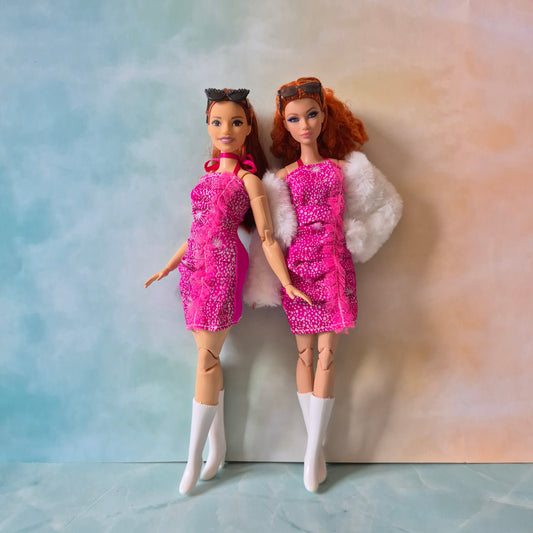 Pink dress and white jacket for barbie doll 